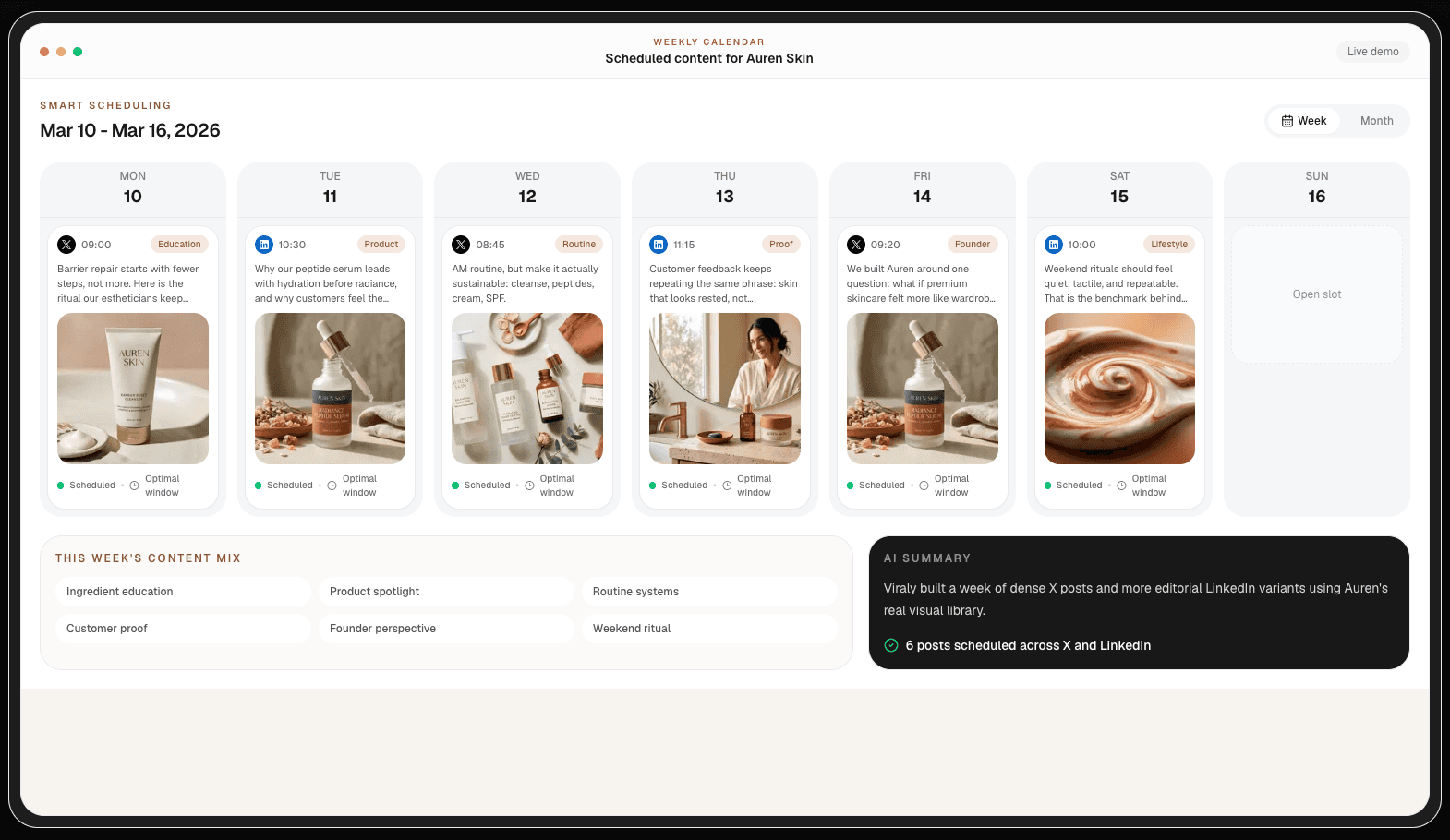 Viraly weekly calendar – scheduled content plan