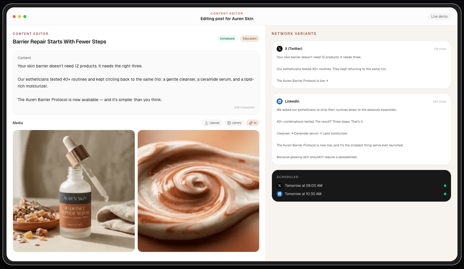 Viraly content editor – editing post with network variants