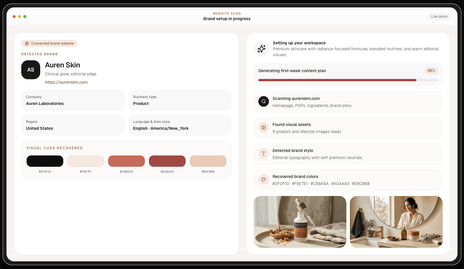 Viraly onboarding – AI scanning a brand website