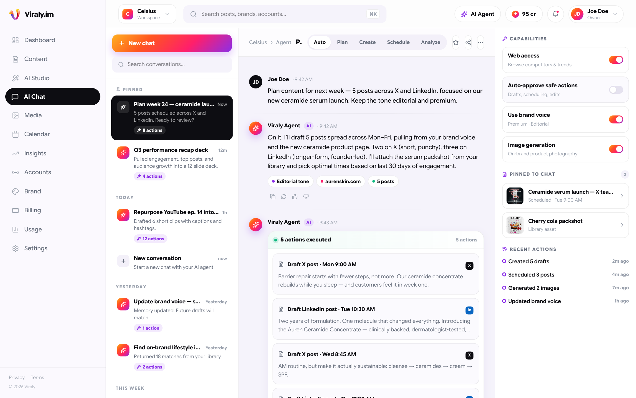 Viraly AI Chat with the agent planning a content week — drafting posts for X and LinkedIn alongside a capabilities panel and pinned assets