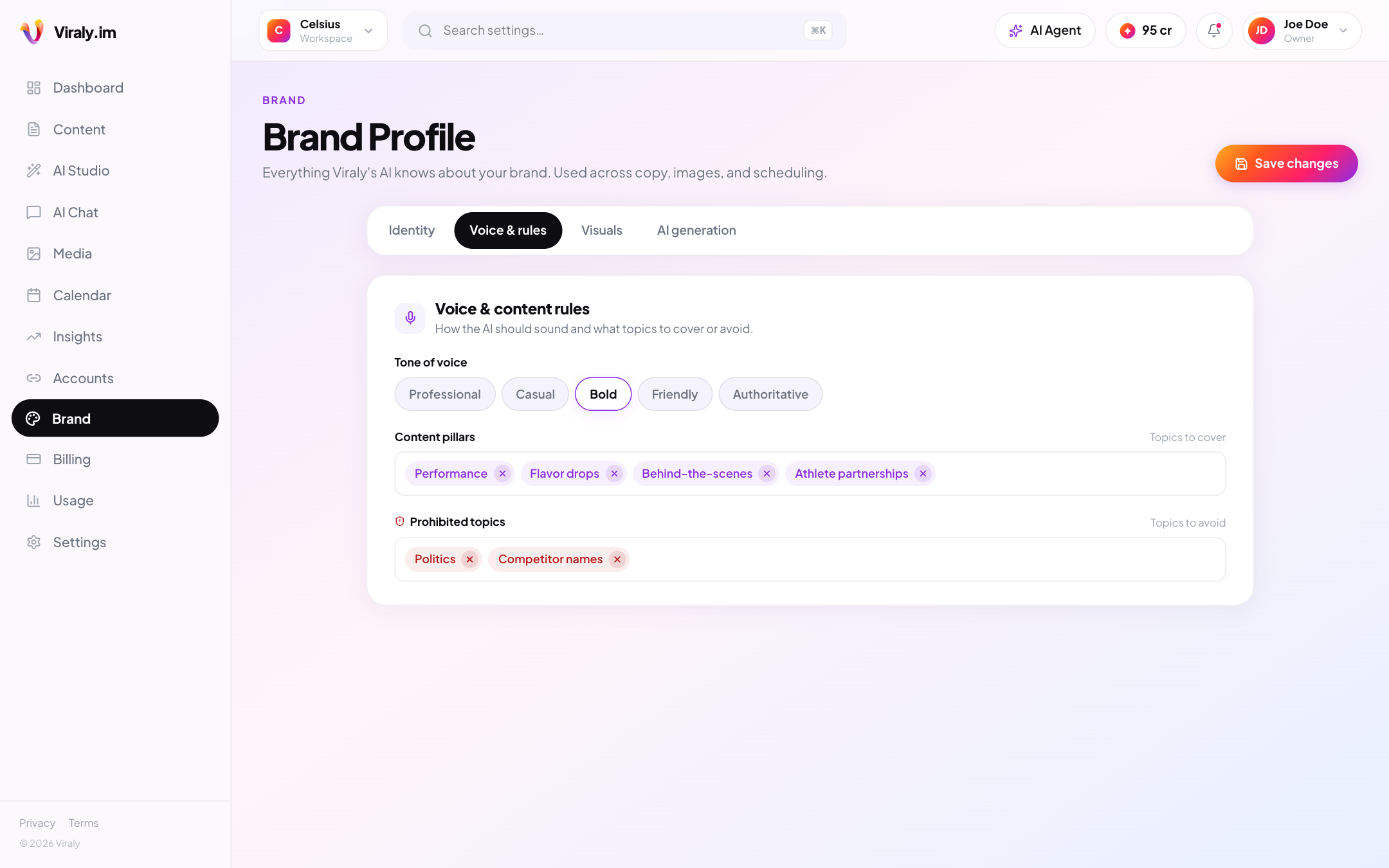 Viraly Brand Profile — Voice & rules tab with tone presets, content pillars, and prohibited topics