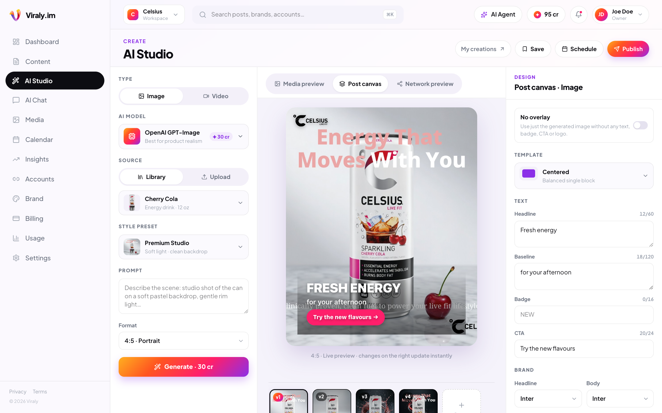 Viraly AI Studio · Post canvas editor with a Celsius product image, headline, baseline, badge, and CTA — all editable live