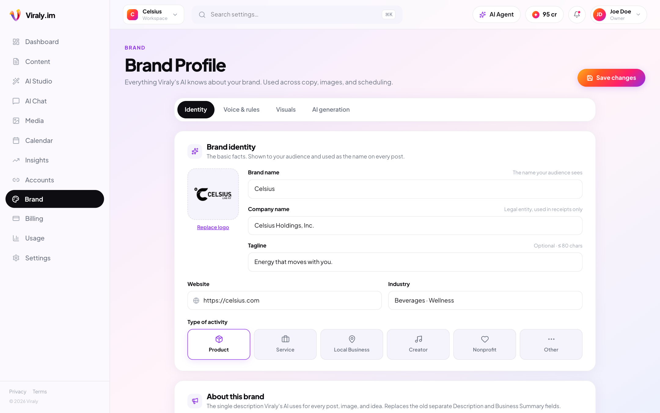 Viraly Brand Profile editor with logo, names, tagline, and activity type for Celsius