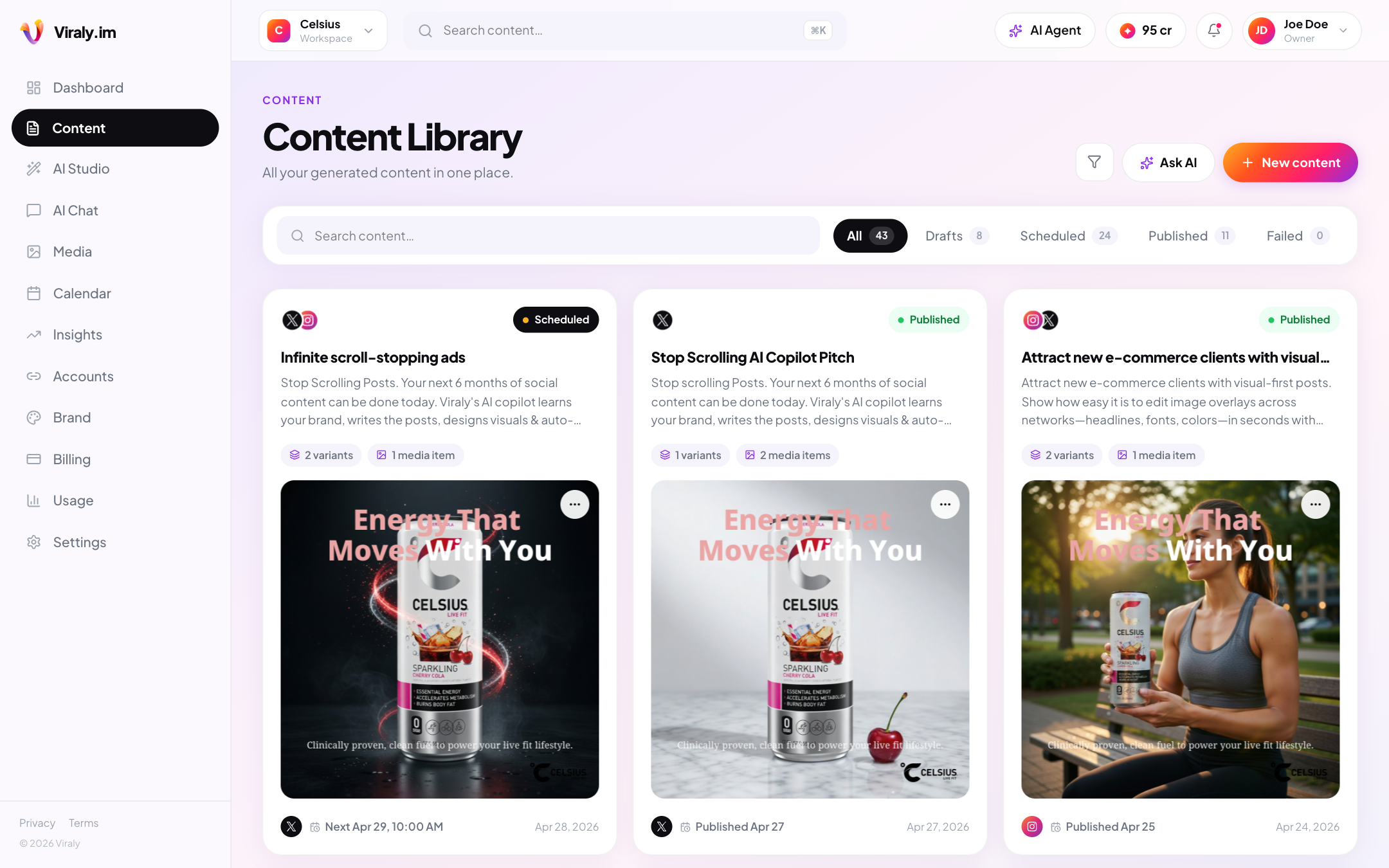 Viraly Content Library with scheduled and published posts across multiple networks