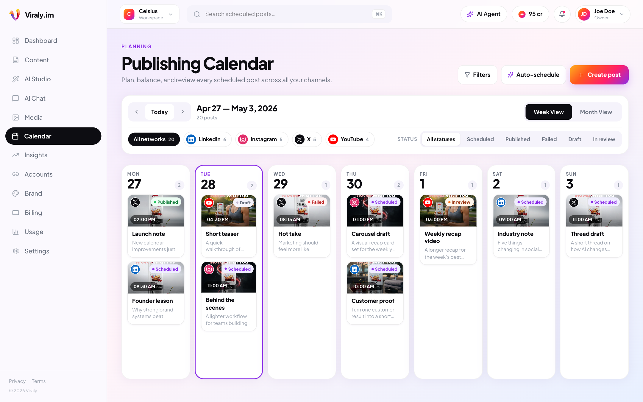 Viraly Publishing Calendar week view with scheduled posts across X, LinkedIn, Instagram, and YouTube